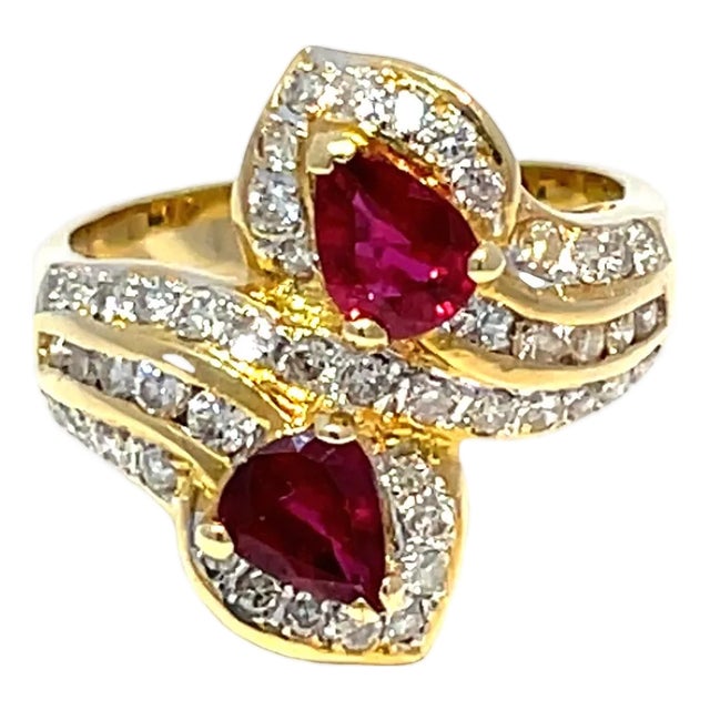 Diamond Studded Cocktail Ring With Pear Shaped Rubies in 18k Yellow Gold, Size 7 For Sale