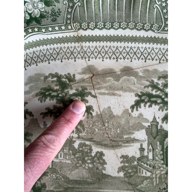 A Fine Antique Staffordshire Green Transferware Platter "Cologne" With Staple Repair, Circa 1830's Made by R. Stevenson &...