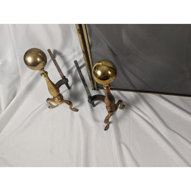 Vintage Brass Fireplace Ensemble With Folding Screen, Andirons & Fire Tools For Sale - Image 13 of 18