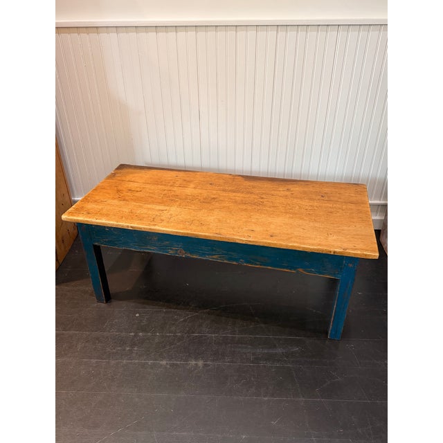 Charming Simple English Pine Coffee Table, with Old blue paint On base, lightly distressed. Simple natural waxed top. 19d...