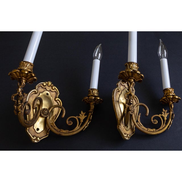 1960s French Neoclassical Double Arm Brass Bow Sconces With Lampshades - a Pair For Sale - Image 12 of 14
