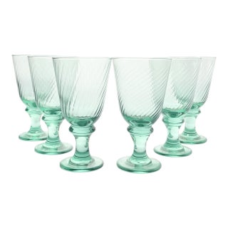 1990s Vintage Set of 6 Green Swirl Optic Wine, Water or All Purpose Glasses For Sale