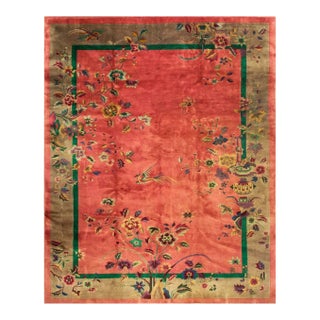 1920s Antique Pink Floral Open Field Modernist Knotted Wool Chinese Art Deco Rug For Sale