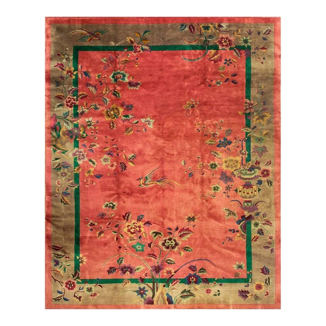 1920s Antique Pink Floral Open Field Modernist Knotted Wool Chinese Art Deco Rug For Sale