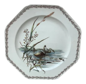 1890s Antique English Octagonal Swans on Lake Brown Westhead and Moore Plate