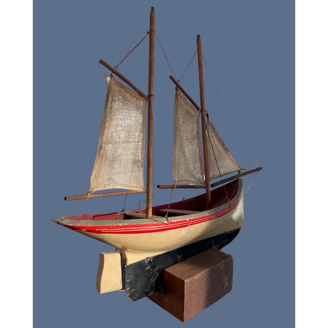 Antique Hand-Carved Wooden Ship Model With Linen Sails, Folk Art For Sale - Image 11 of 13
