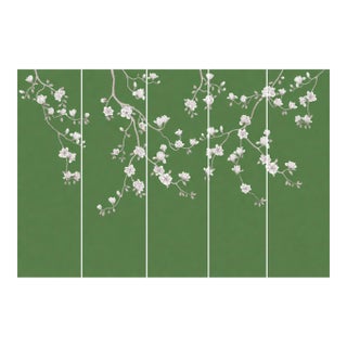 36" * H100"/Panel * 5ps, Jade Green Magnolia Wallpaper, Magnolia‌ Wallpaper Mural, 5 Panels For Sale