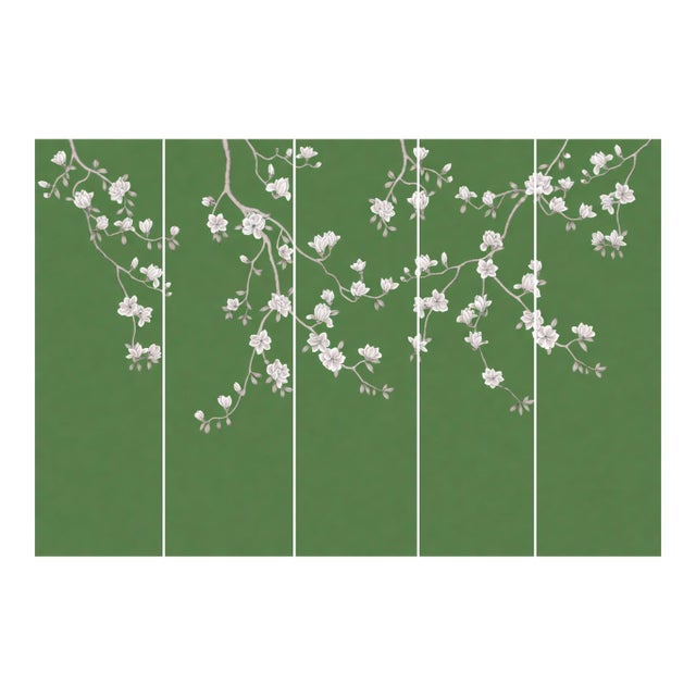 36" * H100"/Panel * 5ps, Jade Green Magnolia Wallpaper, Magnolia‌ Wallpaper Mural, 5 Panels For Sale