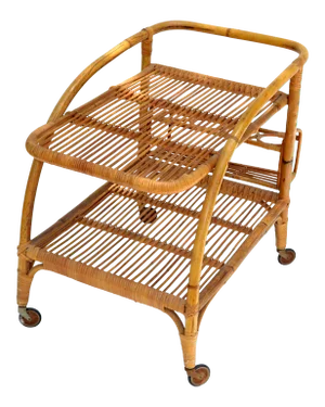 Vintage 1960 2 Tiers French Bamboo and Rattan Bar Cart
