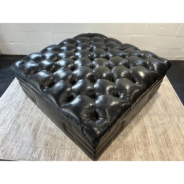 Vintage Large Leather Tufted Ottoman With Nail-Head Detail Coffee Table For Sale - Image 9 of 10