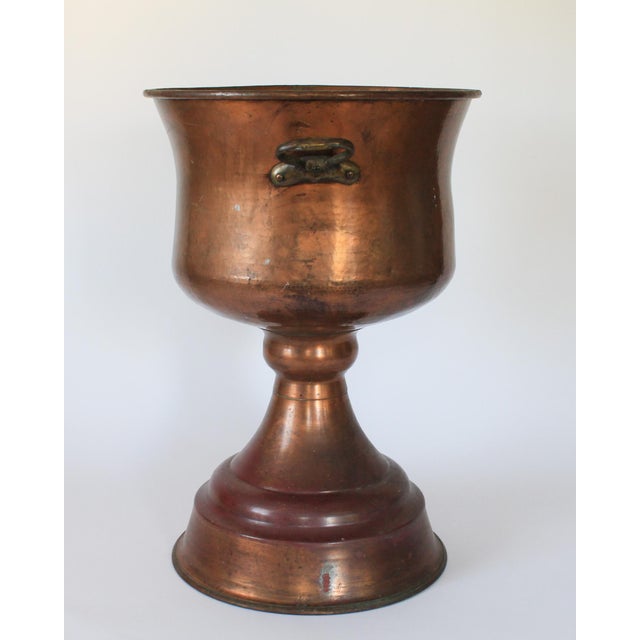 Mid 20th Century Monumental Footed Copper Planter / Jardiniere With Brass Side Handles and a Wide Flared Pedestal Base For Sale - Image 5 of 11