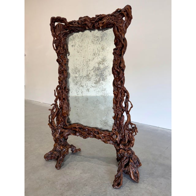Vintage Freestanding Floor Mirror in Sculpted Tree Root Burl Frame With Stool For Sale In Tampa - Image 6 of 12
