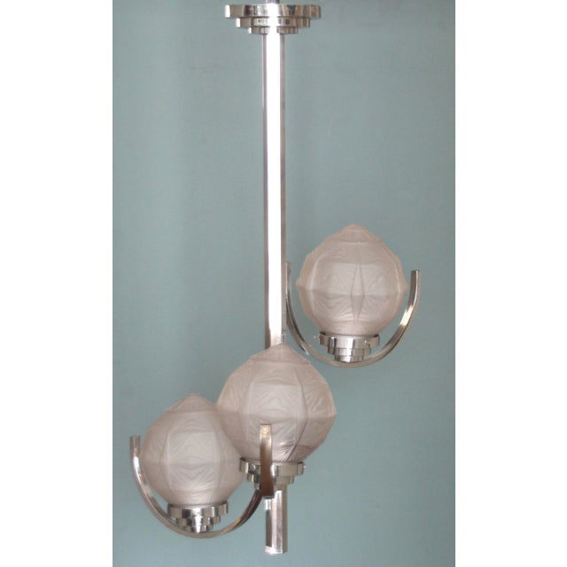 Silver Art Deco Chromed Pendant Lamp with 3 Globes, 1930s For Sale - Image 8 of 8