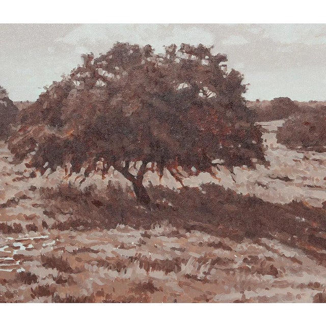 Textile Late 20th Century Impressionistic Sepia Toned Pastoral Hill Country Landscape Painting With Trees by Dan Baker For Sale - Image 7 of 9