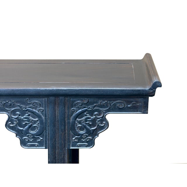 Vintage Rosewood Dark Brown Black Stain Dragon Relief Carving Altar Table For Sale - Image 9 of 12