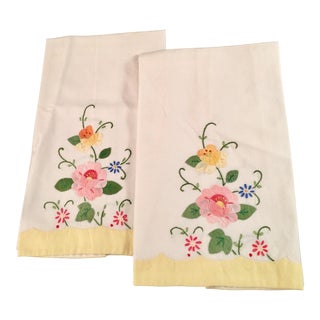 Springtime Floral Embroidered Tea Towels - a Pair For Sale
