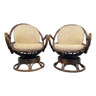 Pair of Reed and Bamboo-Wrapped Swivel Chairs For Sale