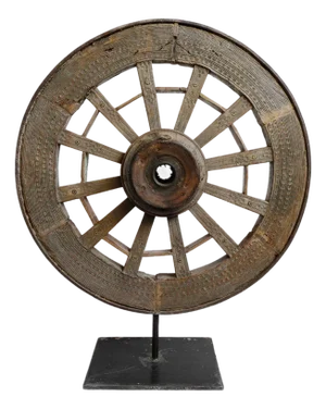 Antique Rustic Farmhouse Ox Cart Wheel on Stand