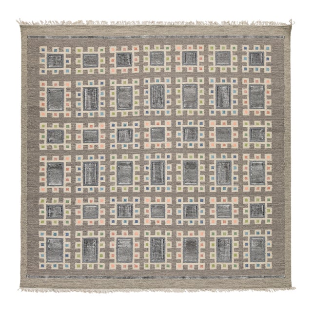 Handcrafted Modern Swedish Scandinavian Flatweave Area Rug Grey & Multi-Color For Sale