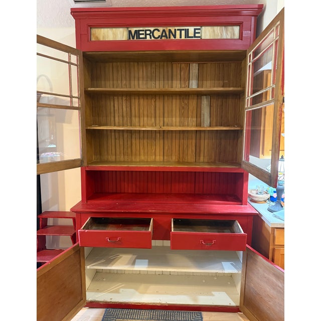 Early 20th Century Mercantile Large Red Sideboard Buffet and Hutch With Accompanying Red Four Step Step Stool - Set of 3 For Sale - Image 5 of 9
