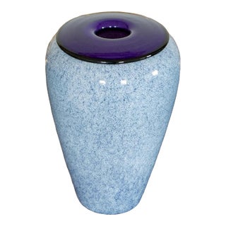 Vitrix Glass Vase 1992 – Purple Rim Speckled White Studio Art Glass, Signed For Sale