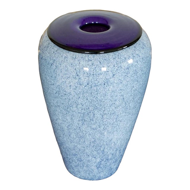 Vitrix Glass Vase 1992 – Purple Rim Speckled White Studio Art Glass, Signed For Sale