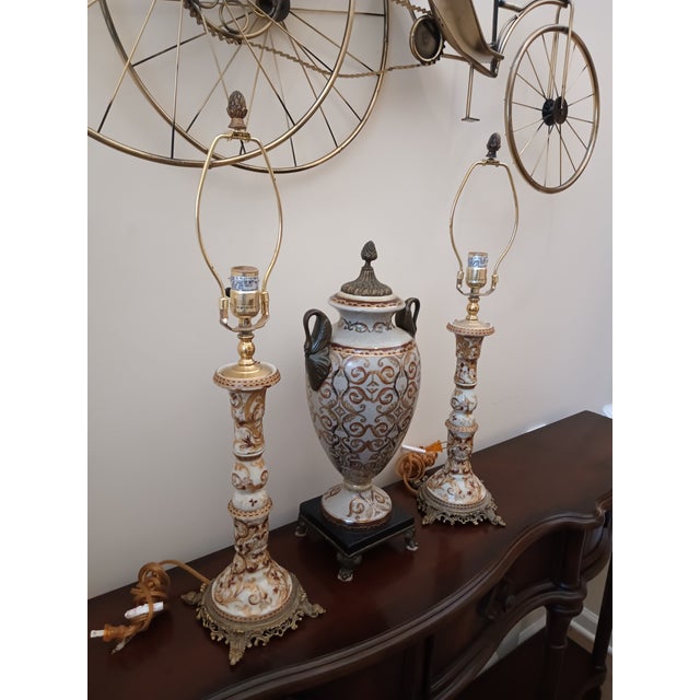 Vintage French Renaissance Rococo Table Lamps & Longwy-Style Ceramic Urn - Set of 3 For Sale - Image 10 of 12