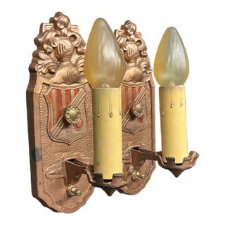 Pair of Revival Bracket Lights With Knights and Shields #2508 For Sale