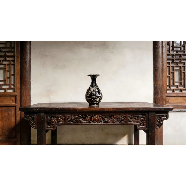Art Deco Chinese Ceramic Vase Cizhou Ware Black Glaze Porcelain Yuhuchun Vase Hand Carved Flowers Pattern For Sale - Image 3 of 11