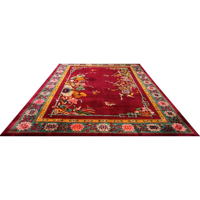 1920s Room Size Wool Red Chinese Antique Knotted – Art Deco Rug, Circa Date: 1920s. This exceptional example of Chinese...