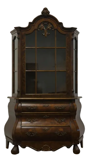Antique Vintage Burled Walnut French Inspired Victorian 46" Bombay Chest W. Display Curio Cabinet