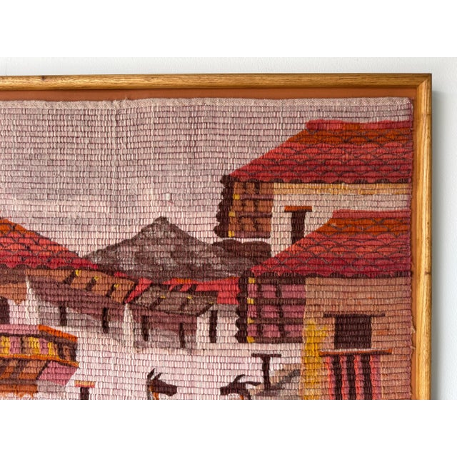 Wood 1970’s Vintage Hand-Woven Peruvian Folk Art Wool Tapestry Depicting a Village Scene For Sale - Image 7 of 11