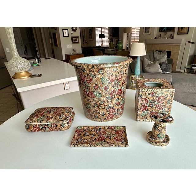 Chinese Chinese Bathroom Accessory Set Floral Porcelain Vintage For Sale - Image 3 of 17