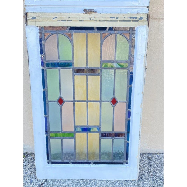 Antique Art Deco Leaded Stained Glass Pink Green Blue Yellow Windows - (2) Pair For Sale In Philadelphia - Image 6 of 13
