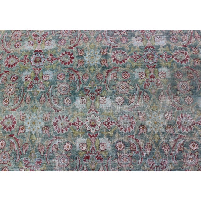 Antique Persian Lavar Kerman Rug With Refined Allover Pattern in Soft Green Field For Sale - Image 9 of 12
