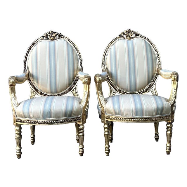 Vintage Gilt Medallion Fauteuil Chairs - A Pair For Sale