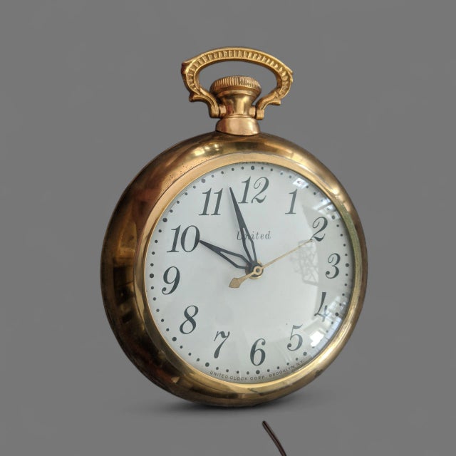 Victorian Vintage Brass Pocket Watch Style Electric Plug in Wall Clock For Sale - Image 3 of 11