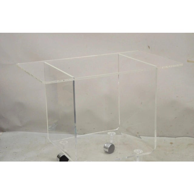 Vintage Clear Lucite Acrylic Mid Century Modern Rolling Side Tables - A Pair For Sale - Image 4 of 11