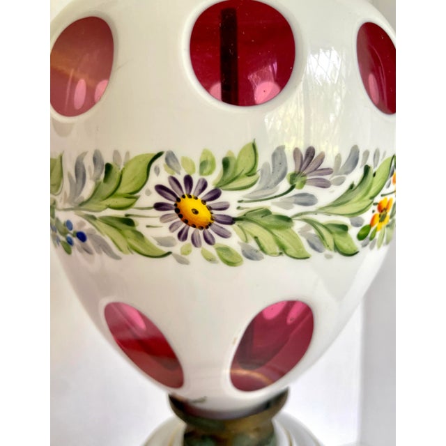 Antique Bohemian Czech Glass Floral and Brass Lamps - a Pair For Sale - Image 11 of 13