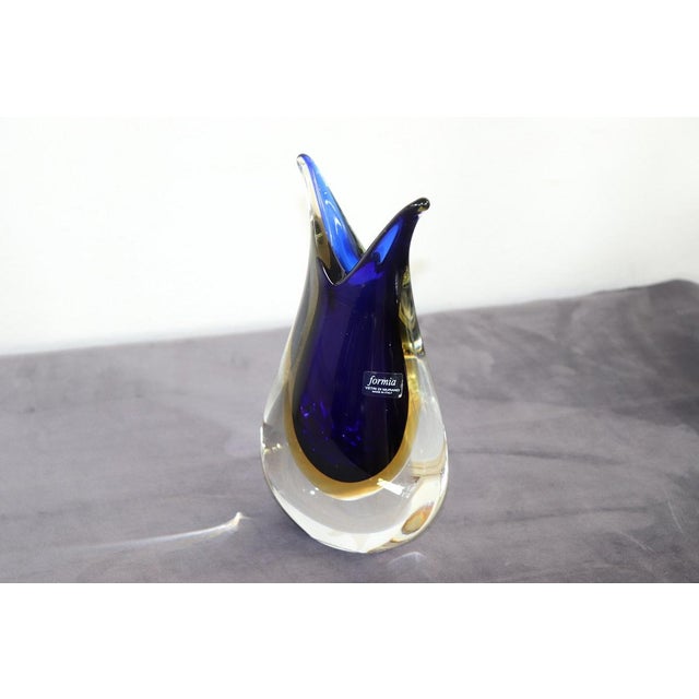 Italian desgn circa 1970s murano art glass blue, yellow and transparent vase. A beautiful vase with intense colours, the...