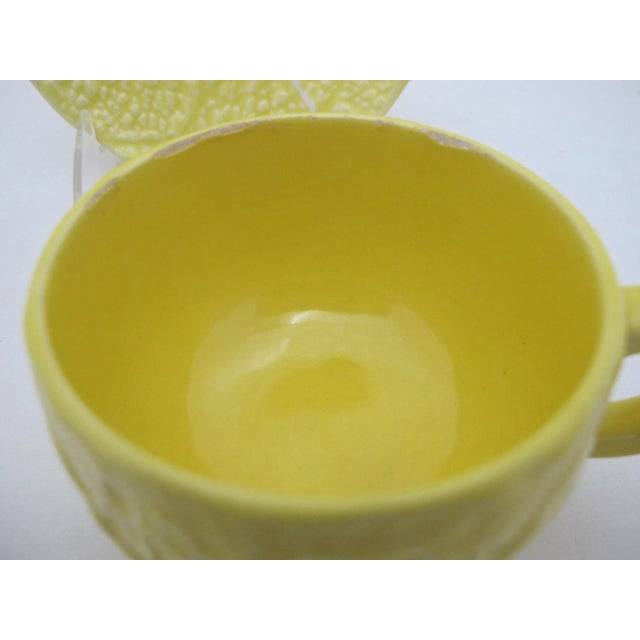 Mid 20th Century Mid 20th Century Secla Portugal Yellow MCM Majolica Cabbage Leaf Tea Cup & Saucer Set of 4 For Sale - Image 5 of 10