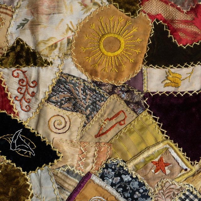 Antique Victorian Crazy Quilt, Hand Embroidered Silk and Velvet Patchwork Quilt, 19th Century For Sale - Image 9 of 18