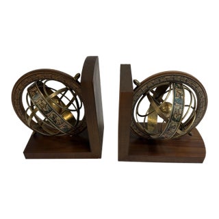 Vintage MCM Italian Armillary Sphere Zodiac Brass and Wood Bookends-Pair For Sale