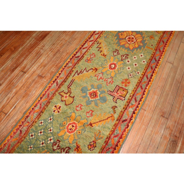 Zabihi Collection Bright Green Antique Colorful Oushak Runner - 2'6" x 15'1" For Sale In New York - Image 6 of 8