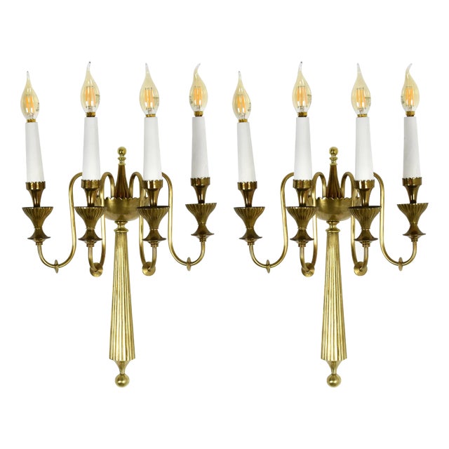 Pair of Four-Light Italian Brass Candelabra Sconces, 1940s For Sale
