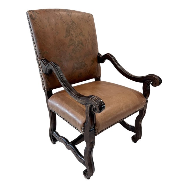 20th Century Louis XIII Style Tooled Leather Os De Mouton Armchair For Sale