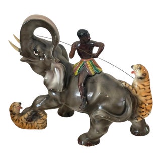 MCM 1950s Blackamoor Zulu Nubian Mahout Warrior on Elephant Battles W/ Tigers For Sale