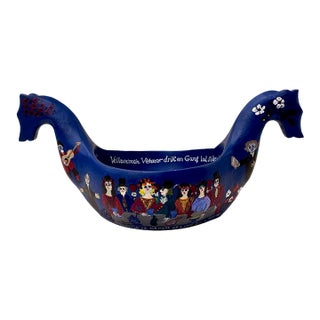 Vintage Norwegian Hand-Painted Wooden Folk Art Bowl With Figural Decoration For Sale