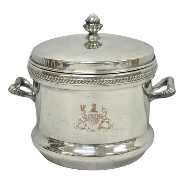 Vintage Fb Rogers English Regency Silver Plated Coat of Arms Covered Ice Bucket For Sale