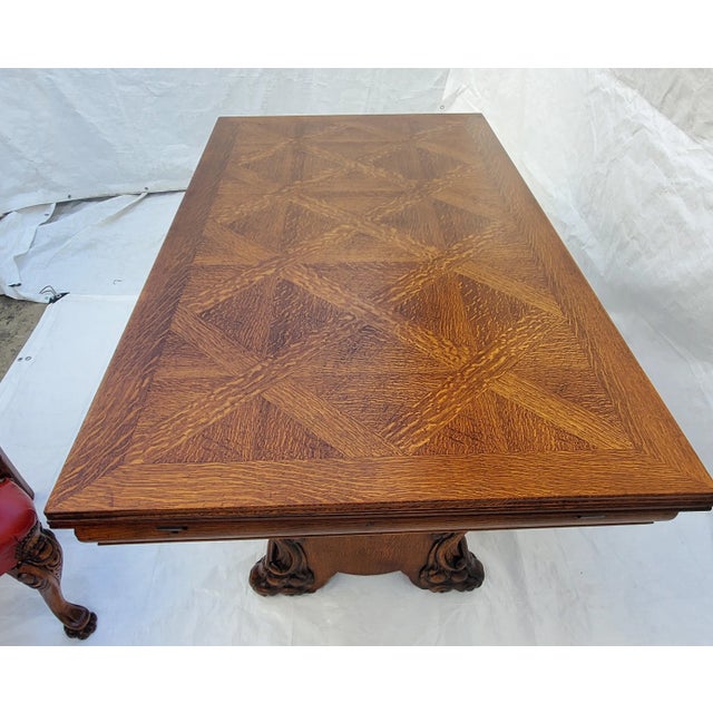 1920s Antique Chippendale Ornately Carved Oak Draw Leaf Table & 6 Dining Chairs Set For Sale In Los Angeles - Image 6 of 13